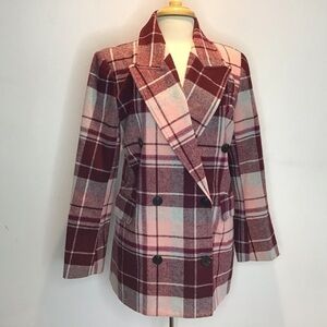 7 For All Mankind Double Breasted maroon/burgundy plaid wool blend blazer M NWT
